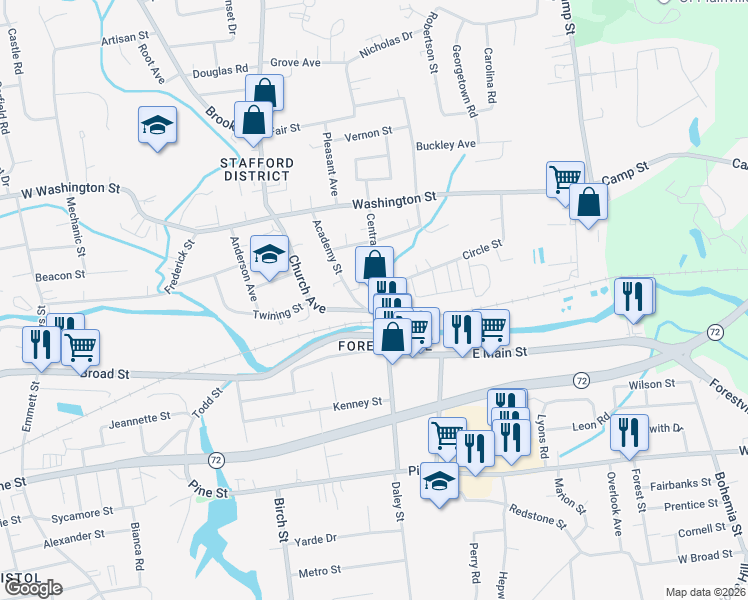 map of restaurants, bars, coffee shops, grocery stores, and more near 199 Central Street in Bristol