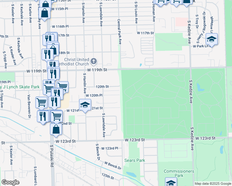 map of restaurants, bars, coffee shops, grocery stores, and more near 3618 West 120th Place in Alsip