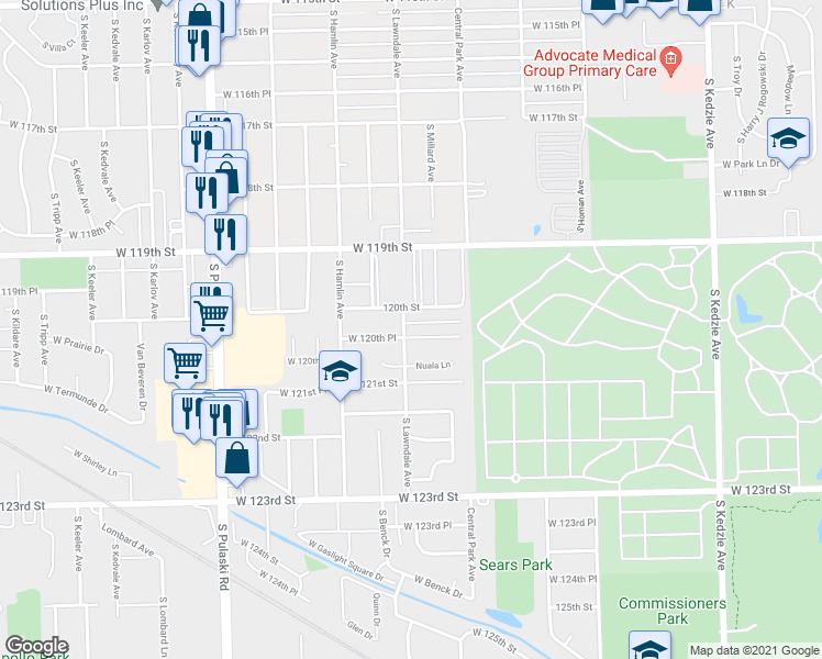 map of restaurants, bars, coffee shops, grocery stores, and more near 3700 West 120th Place in Alsip