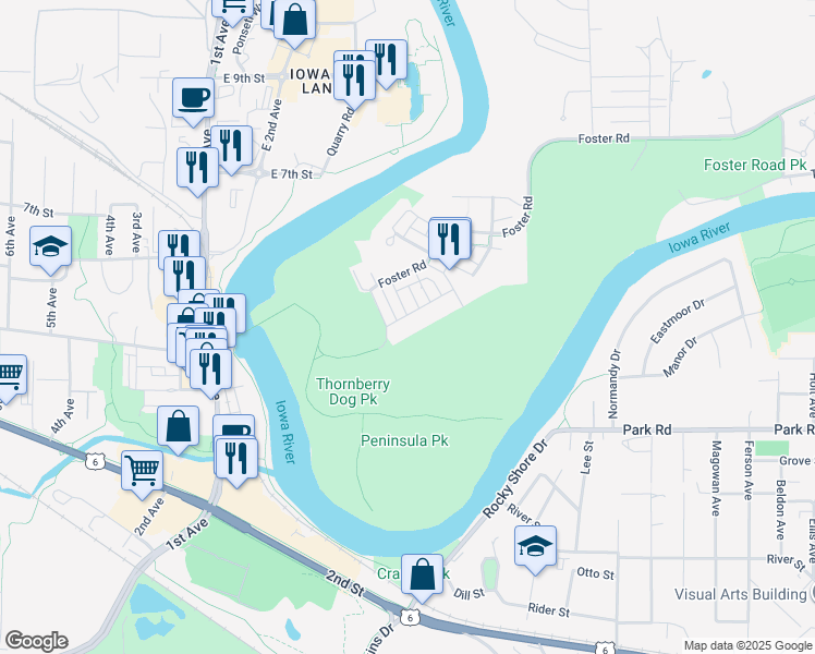 map of restaurants, bars, coffee shops, grocery stores, and more near 1795 Foster Road in Iowa City