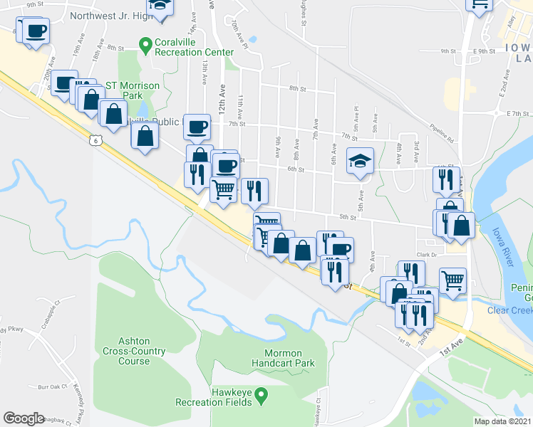 map of restaurants, bars, coffee shops, grocery stores, and more near 423 10th Avenue in Coralville