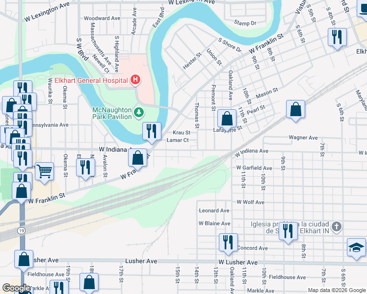 map of restaurants, bars, coffee shops, grocery stores, and more near 1428 West Indiana Avenue in Elkhart