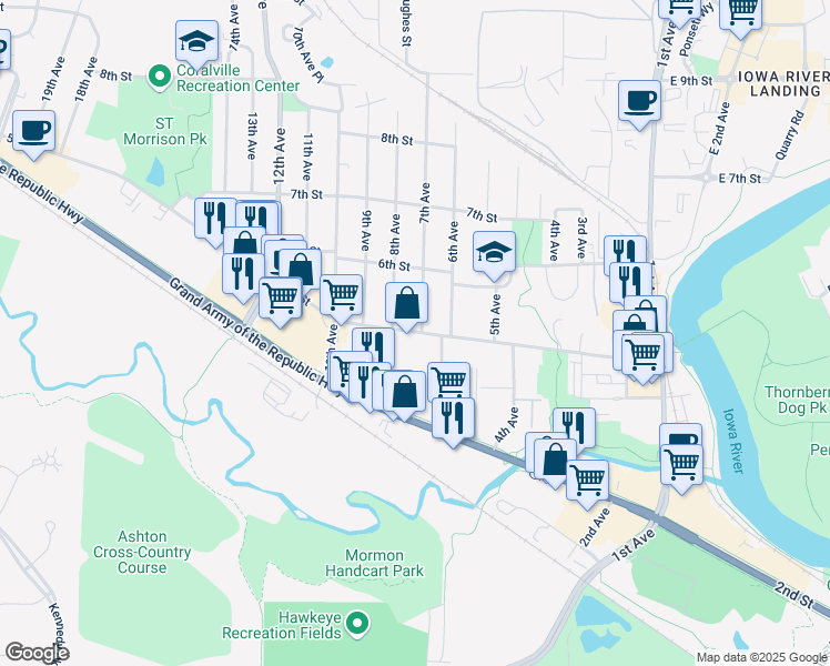 map of restaurants, bars, coffee shops, grocery stores, and more near 702 5th Street in Coralville