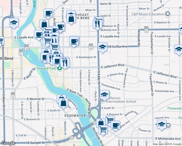 map of restaurants, bars, coffee shops, grocery stores, and more near 214 North Frances Street in South Bend