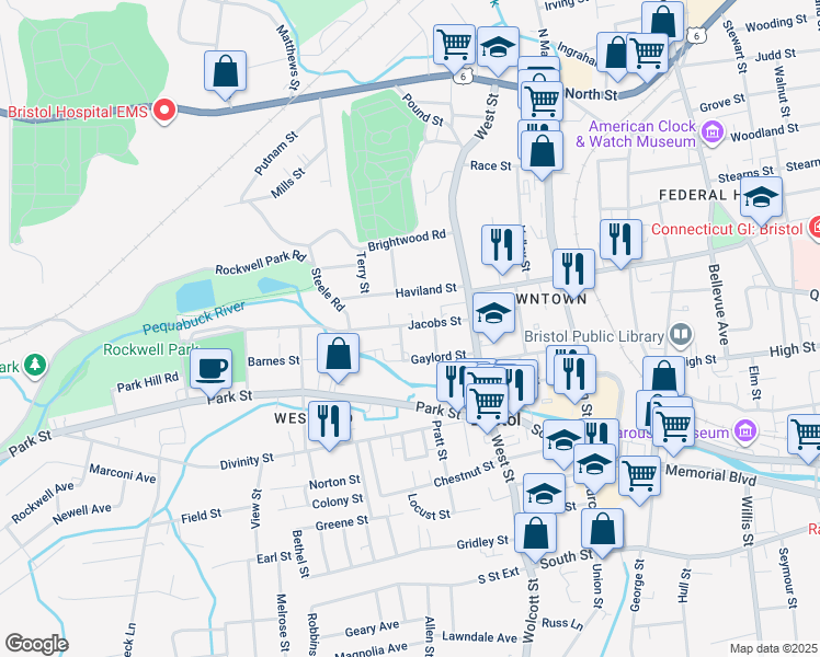 map of restaurants, bars, coffee shops, grocery stores, and more near 63 Jacobs St in Bristol