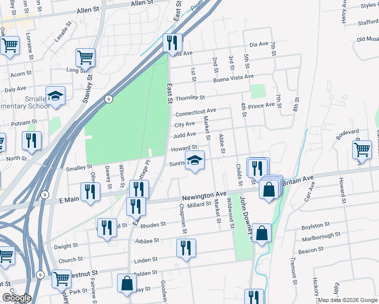 map of restaurants, bars, coffee shops, grocery stores, and more near 49 Howard Street in New Britain