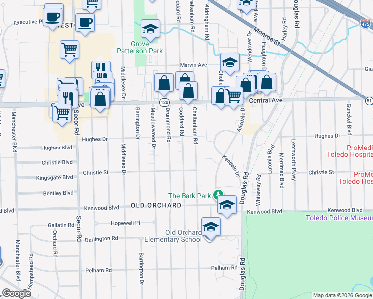 map of restaurants, bars, coffee shops, grocery stores, and more near 2814 Goddard Road in Toledo