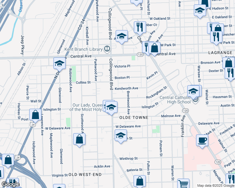 map of restaurants, bars, coffee shops, grocery stores, and more near 438 Evergreen Court in Toledo