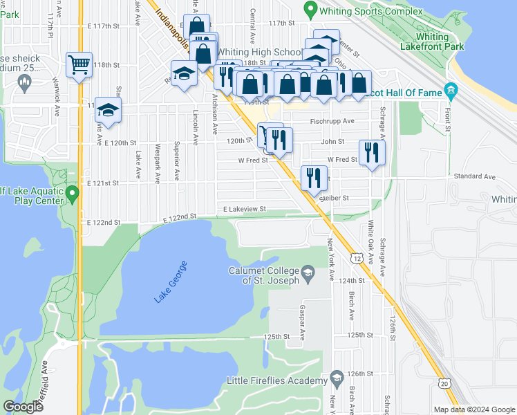 map of restaurants, bars, coffee shops, grocery stores, and more near 1340 East Lakeview Street in Whiting
