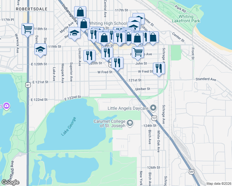 map of restaurants, bars, coffee shops, grocery stores, and more near 1332 East Lakeview Street in Whiting