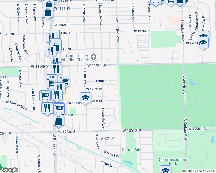 map of restaurants, bars, coffee shops, grocery stores, and more near 3630 West 120th Place in Alsip