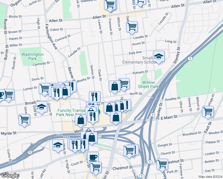 map of restaurants, bars, coffee shops, grocery stores, and more near 19 Lawlor Street in New Britain