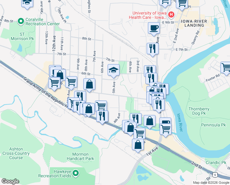 map of restaurants, bars, coffee shops, grocery stores, and more near 423 5th Avenue in Coralville