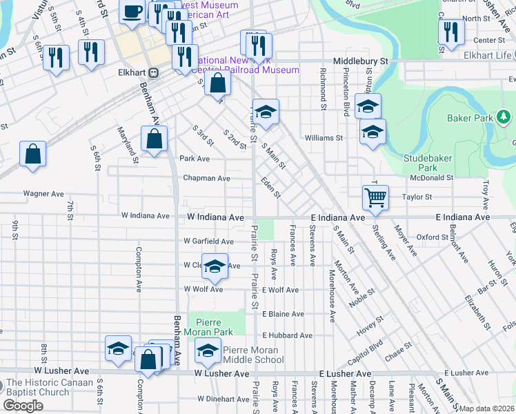 map of restaurants, bars, coffee shops, grocery stores, and more near 1408 Prairie Street in Elkhart