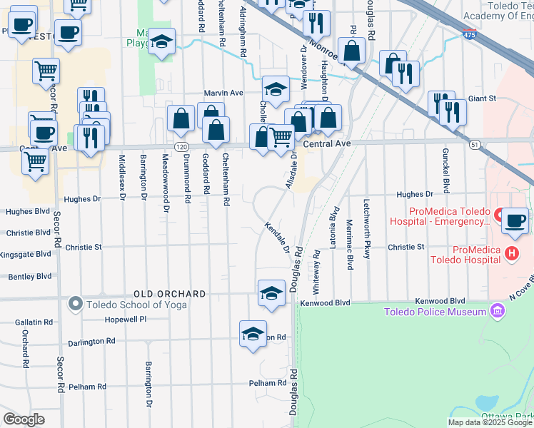 map of restaurants, bars, coffee shops, grocery stores, and more near 2815 Alisdale Drive in Toledo