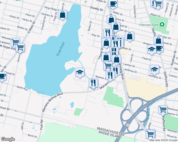map of restaurants, bars, coffee shops, grocery stores, and more near 253 Henry Street in Fall River