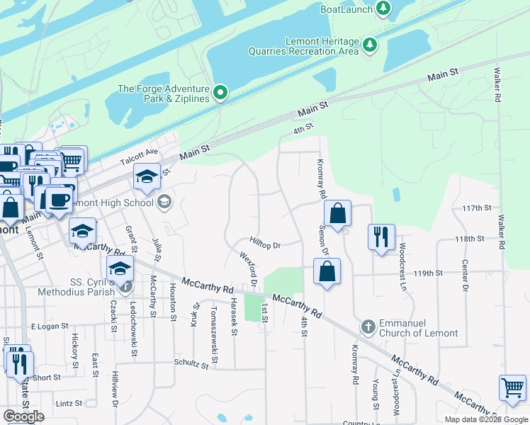 map of restaurants, bars, coffee shops, grocery stores, and more near 431 Wheeler Drive in Lemont
