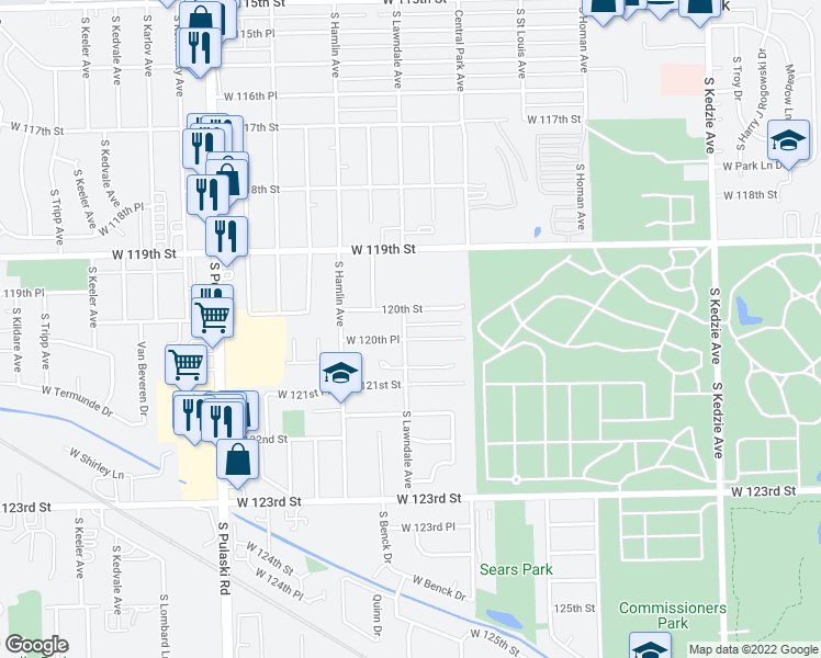 map of restaurants, bars, coffee shops, grocery stores, and more near 3642 West 120th Place in Alsip