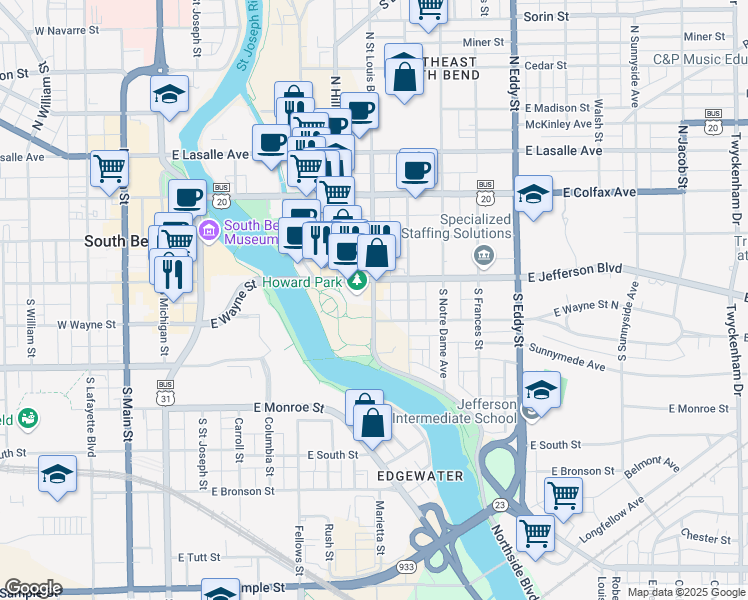 map of restaurants, bars, coffee shops, grocery stores, and more near South Saint Louis Boulevard in South Bend