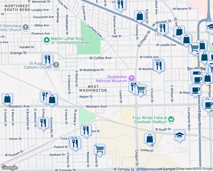 map of restaurants, bars, coffee shops, grocery stores, and more near 1043 Thomas Street in South Bend