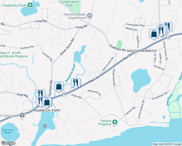 map of restaurants, bars, coffee shops, grocery stores, and more near 6 Locust Lane in Harwich