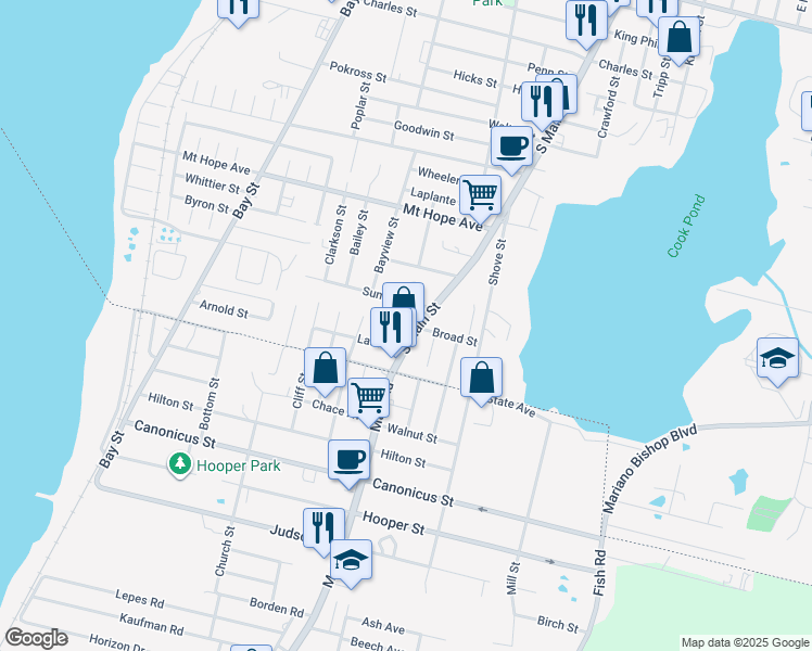 map of restaurants, bars, coffee shops, grocery stores, and more near 2573 South Main Street in Fall River