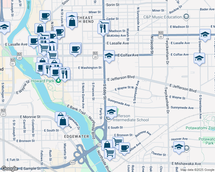 map of restaurants, bars, coffee shops, grocery stores, and more near 220 South Eddy Street in South Bend