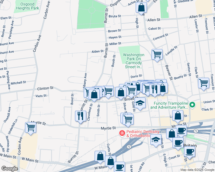 map of restaurants, bars, coffee shops, grocery stores, and more near 165 Smith Street in New Britain