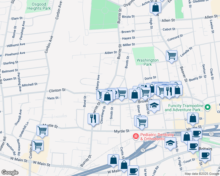 map of restaurants, bars, coffee shops, grocery stores, and more near 355 Burritt Street in New Britain
