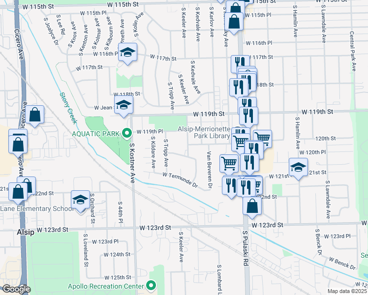 map of restaurants, bars, coffee shops, grocery stores, and more near 12006 South Keeler Avenue in Alsip