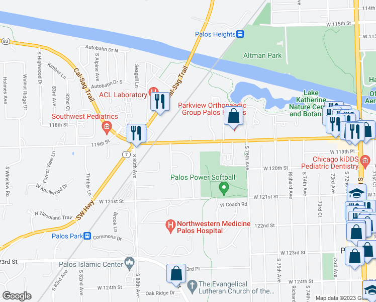 map of restaurants, bars, coffee shops, grocery stores, and more near 15 South Country Squire Road in Palos Heights