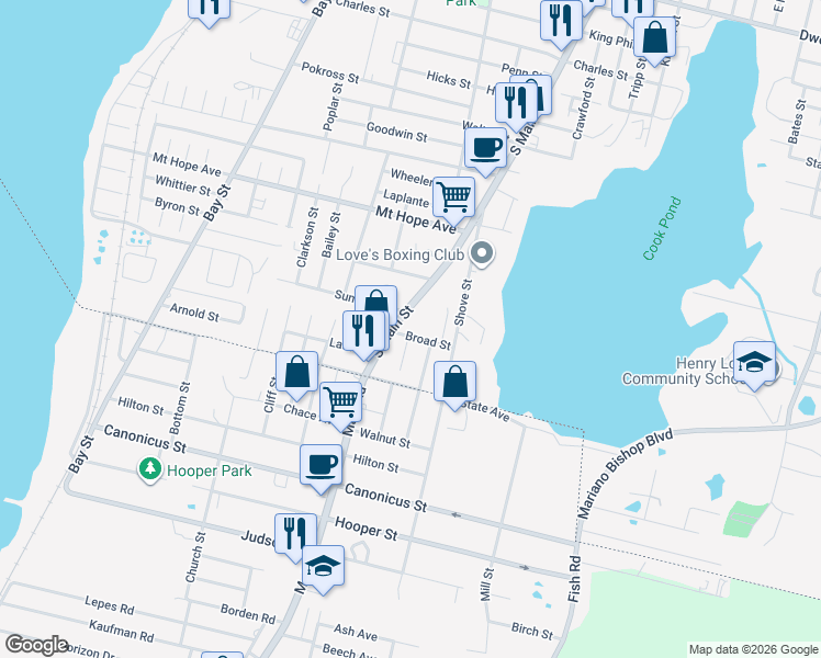 map of restaurants, bars, coffee shops, grocery stores, and more near 30 Broad Street in Fall River