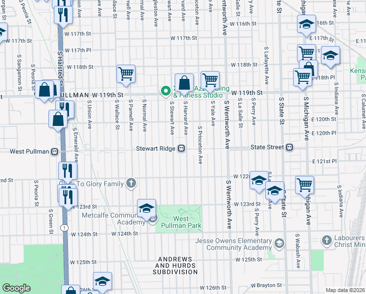 map of restaurants, bars, coffee shops, grocery stores, and more near 12056 South Harvard Avenue in Chicago