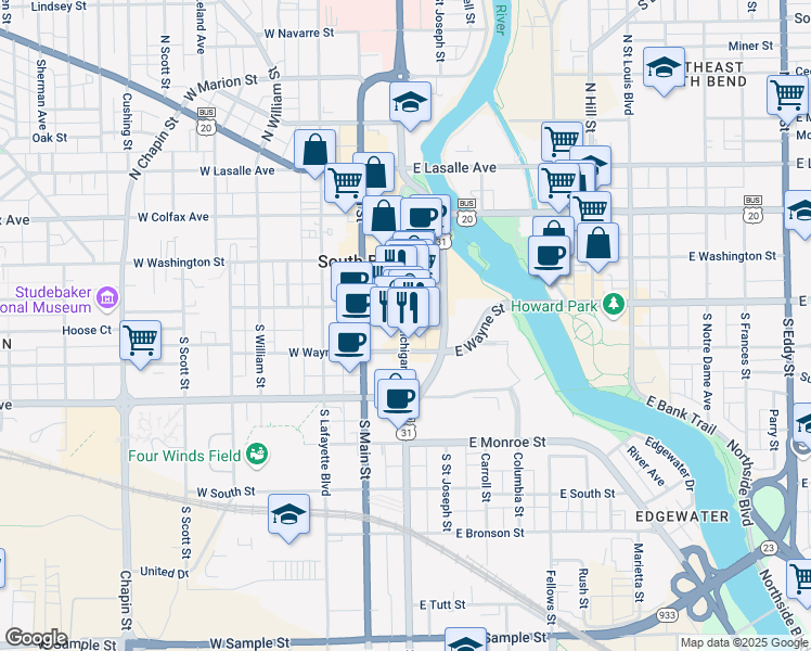 map of restaurants, bars, coffee shops, grocery stores, and more near 212 South Michigan Street in South Bend