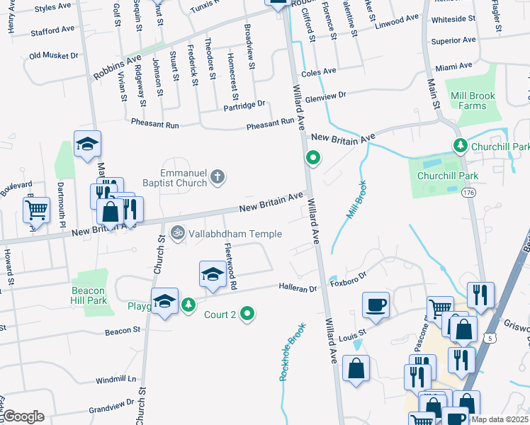 map of restaurants, bars, coffee shops, grocery stores, and more near 245 New Britain Avenue in Newington