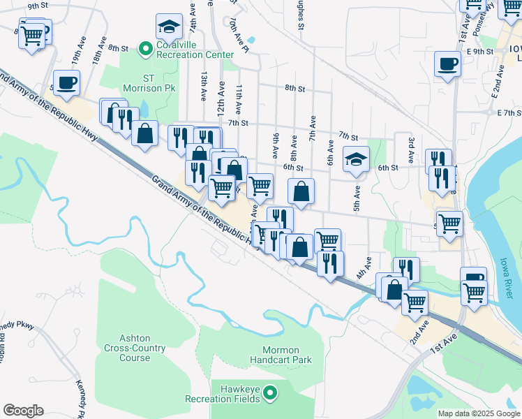 map of restaurants, bars, coffee shops, grocery stores, and more near 423 10th Avenue in Coralville
