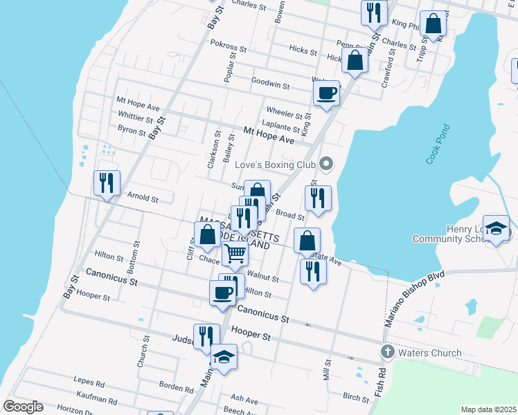 map of restaurants, bars, coffee shops, grocery stores, and more near 2573 South Main Street in Fall River
