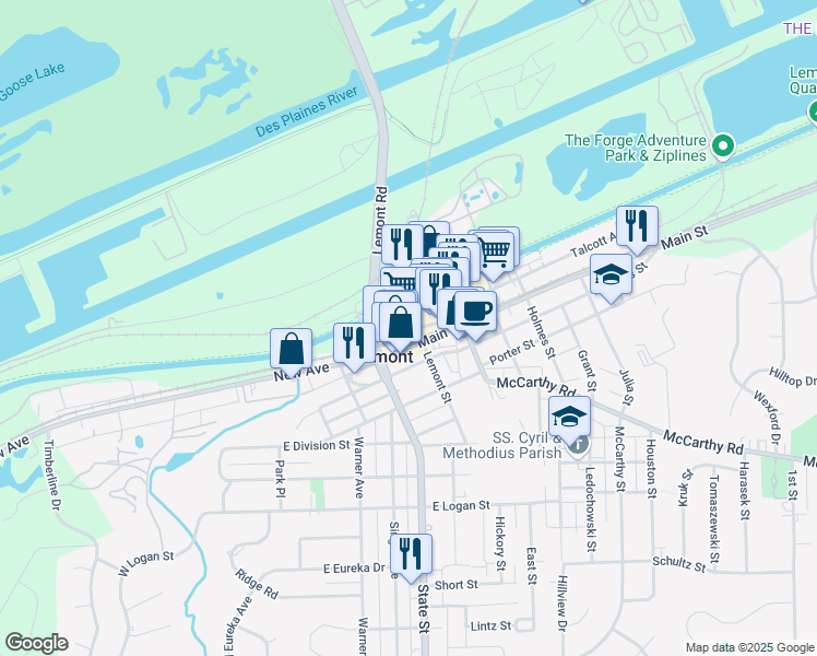 map of restaurants, bars, coffee shops, grocery stores, and more near 235 Canal Street in Lemont