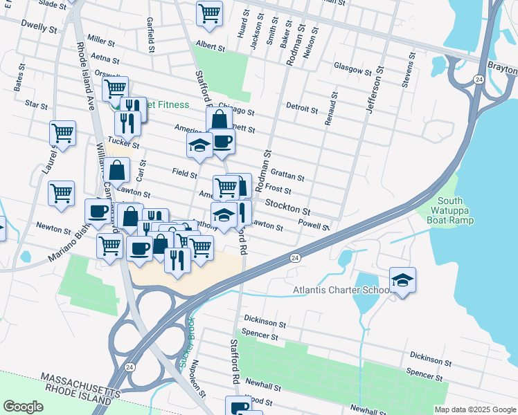map of restaurants, bars, coffee shops, grocery stores, and more near 2076 Rodman Street in Fall River