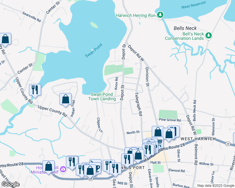 map of restaurants, bars, coffee shops, grocery stores, and more near 4 Knox Road in Dennis