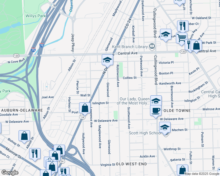map of restaurants, bars, coffee shops, grocery stores, and more near 2708 Glenwood in Toledo