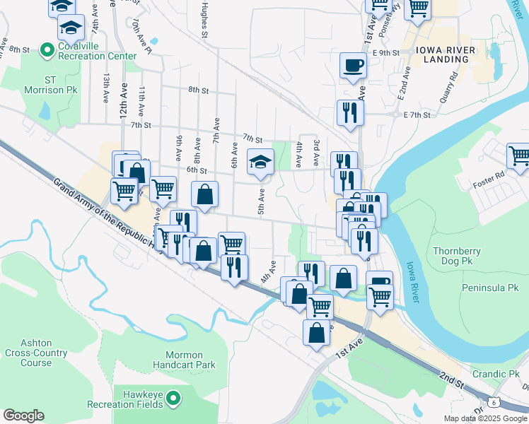 map of restaurants, bars, coffee shops, grocery stores, and more near 423 5th Avenue in Coralville