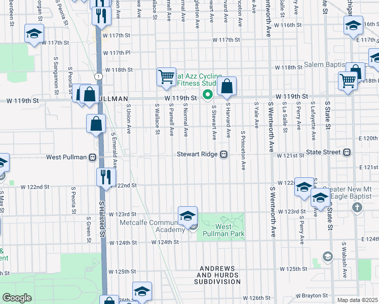 map of restaurants, bars, coffee shops, grocery stores, and more near 12055 South Normal Avenue in Chicago