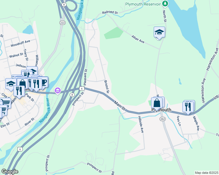 map of restaurants, bars, coffee shops, grocery stores, and more near 30 Bristol Street in Thomaston