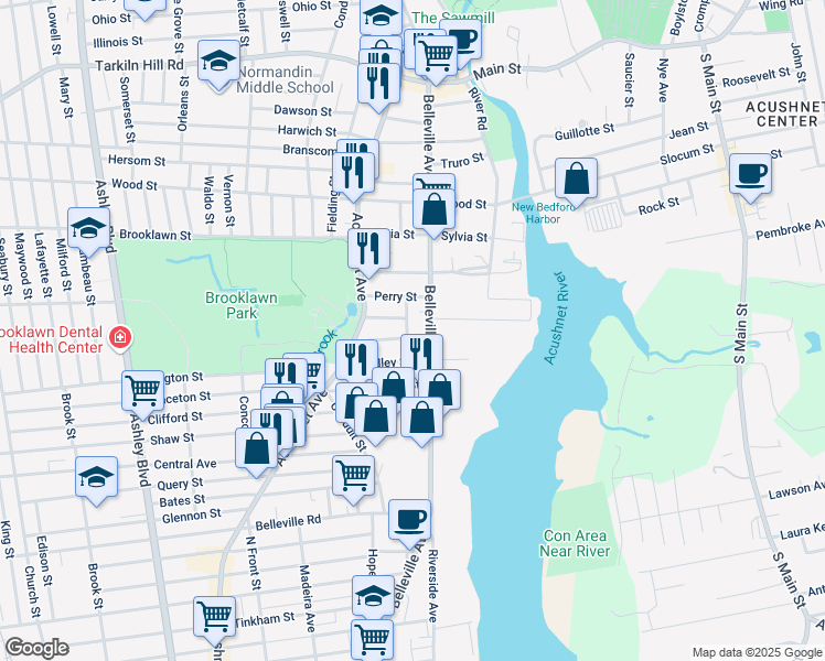 map of restaurants, bars, coffee shops, grocery stores, and more near 32 Kearsarge Street in New Bedford