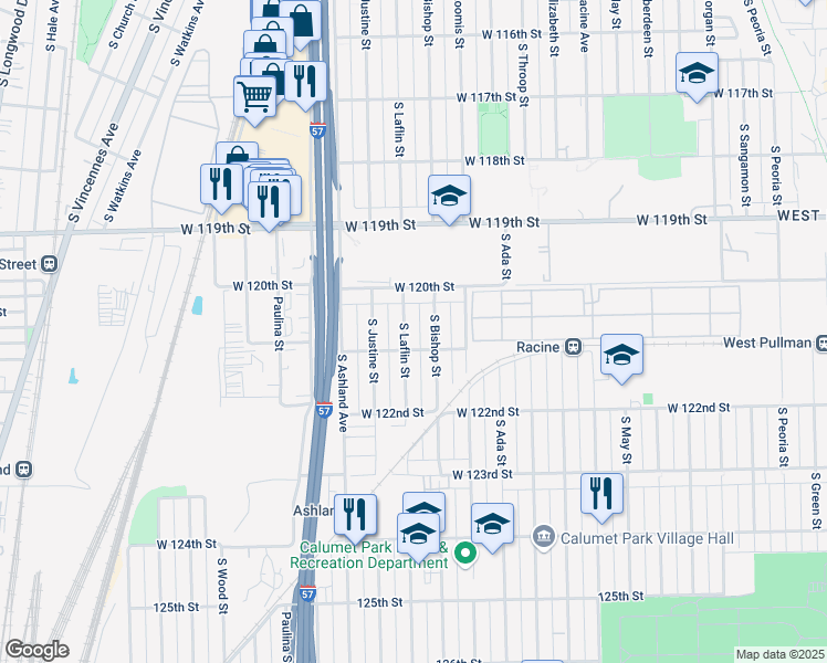 map of restaurants, bars, coffee shops, grocery stores, and more near 12043 S Laflin St in Chicago