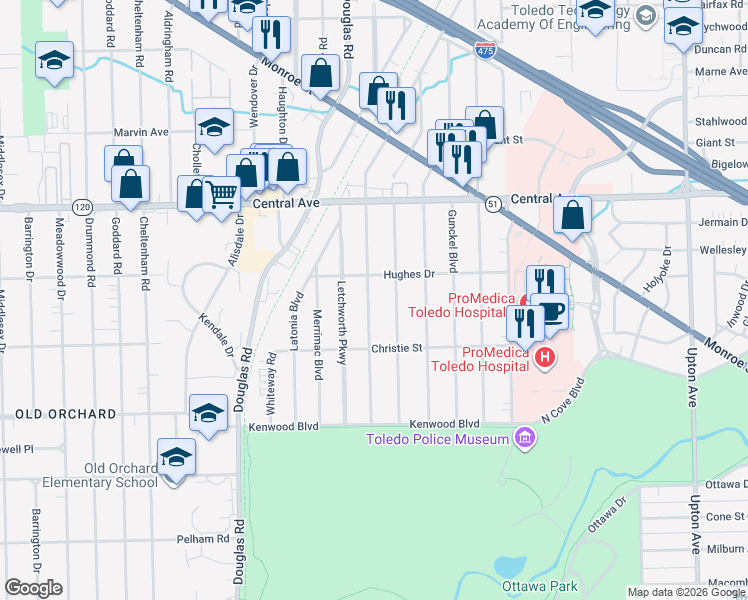 map of restaurants, bars, coffee shops, grocery stores, and more near 2814 Sherbrooke Road in Toledo
