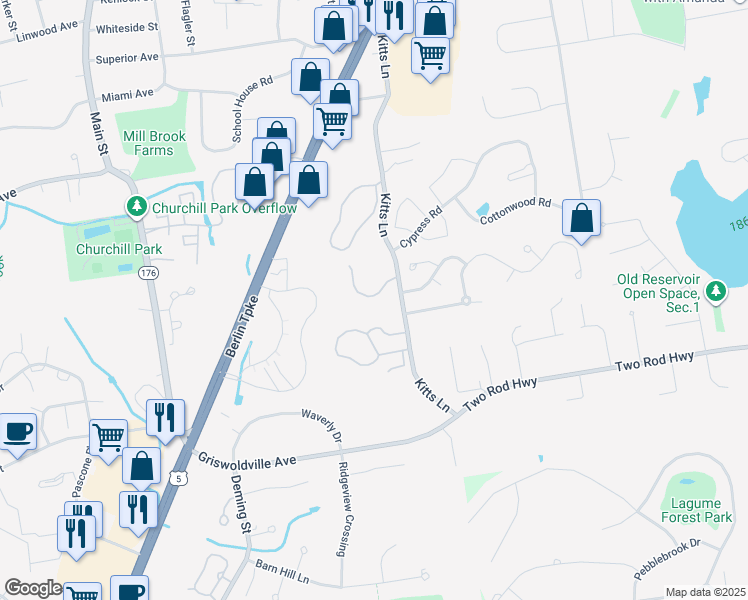 map of restaurants, bars, coffee shops, grocery stores, and more near 31 Woodsedge Drive in Newington