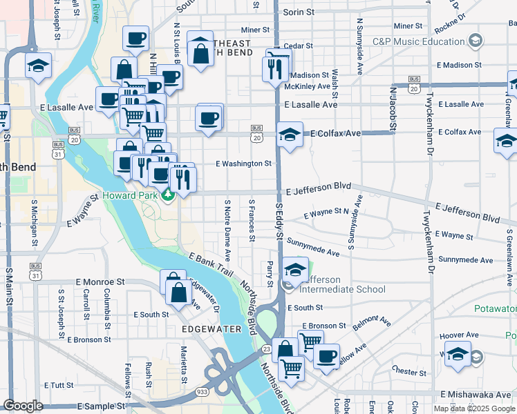 map of restaurants, bars, coffee shops, grocery stores, and more near 214 North Frances Street in South Bend