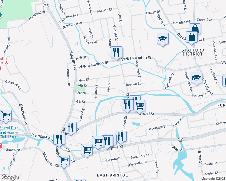 map of restaurants, bars, coffee shops, grocery stores, and more near 144 6th Street in Bristol